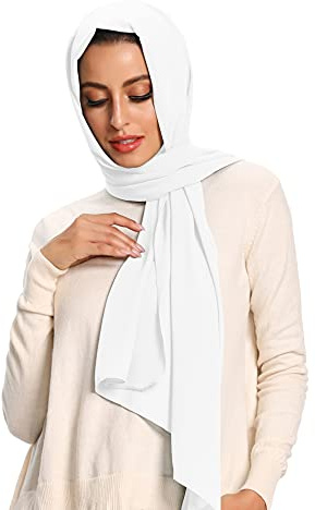 Txameru Chiffon Hijab for Women, Elegant Solid Color Long Scarf, Breathable Muslim Headscarf & Shawl (White)