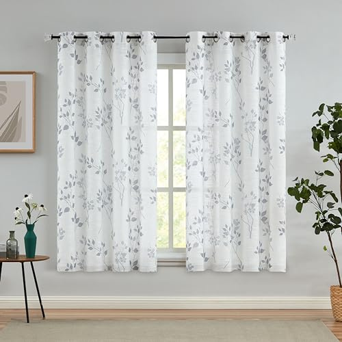 Beauoop Grey Floral Linen Semi Sheer Curtains 54 Inch Drop 2 Panels | Botanical Patterned Farmhouse Curtains, Leaf Flower Eyelet Rustic Light filtering Drapes, Living Room Window Treatment