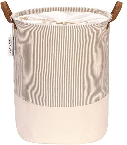 Sea Team Cesto portabiancheria con motivo a righe portabiancheria in tela Cesto portabiancheria pieghevole con manici in pelle PU e chiusura con coulisse, 17,7 x 13,8 pollici, interno impermeabile
