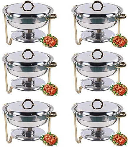 3,5 l Chafing Dish-Buffet-Set, rundes Chafing Dish aus Edelstahl in voller Größe zum Abendessen, Servieren, Buffet, Wärmer-Tablett-Set mit goldenen Akzenten für Catering-Bankette (6 Stück)