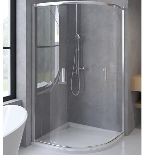 BADLAND Komplettes Set - Duschkabine HELA + Duschwanne VIDAR 90x90 193 cm - Viertelkreis Duschabtrennung Transparent Nano Glas 6 mm, Duschtasse Weiß Steinoptik SMC mit Ablaufgarnitur Ø 90 mm