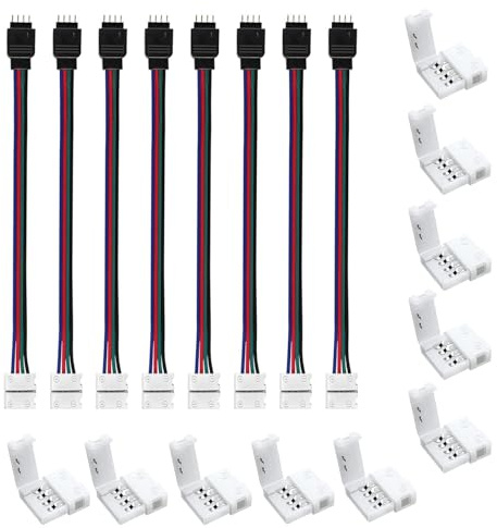 ENQIMAOYI Kit de conectores LED RGB de 4 pines de 8 mm, paquete de 10 conectores sin soldadura y 8 tiras conductoras a adaptador de alimentación a puente de controlador para cinta de tira de luces LED