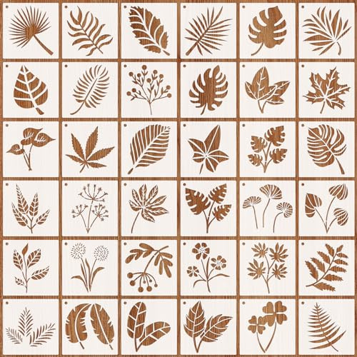 JSRQT 36 Pièces Pochoirs de Feuilles,Pochoirs de Peinture de fleur,Pochoir de Dessin,Feuilles Stencils Pour DIY Décor, Aérographe, Pierre, Art Mural, Toile, Meubles en Bois 4 x 4”
