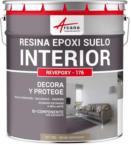 ARCANE INDUSTRIES Peinture Sol, résine epoxy, Peinture pour Sol,Salon, Cuisine, Salle de Bains - Effet Miroir : Revepoxy Deco - 1 kg (jusqu'à 5 m² en 2 Couches) Beige Gris - RAL 1019