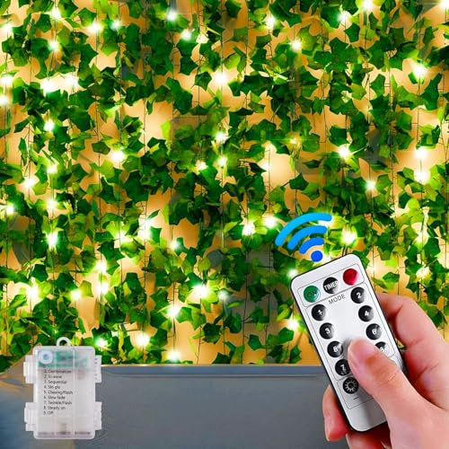 GGNOO 10M 100 LED Künstlicher Efeu Lichterkette USB, 8 Modi Lichterkette Außen Mit Fernwirktechnik, Künstlicher Efeu Lichterkette, Vorhang Led für Hochzeit Büro Garten Party Wanddekoration