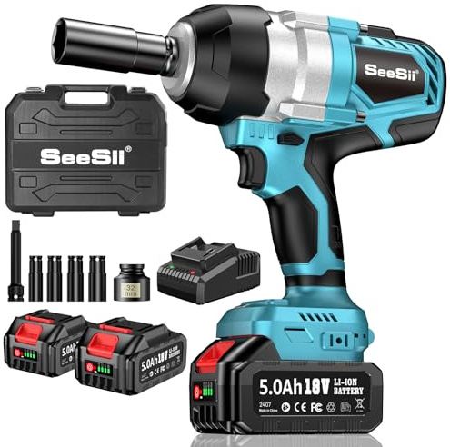 Seesii Akku Schlagschrauber 1400 N.m(1032 Ft-lbs), 1750 RPM Hohes Drehmoment 1/2 SchlagschrauberAkku mit 21V 2x4000mAh Akku, 4 Sockel und Fall Für Schraube und Mutter Auto LKW Reifen Removal