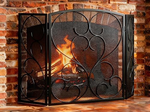 FEED GARDEN 3 Panel Fireplace Screen Wrought Iron 48 W x 29 H Foldable Heavy Duty Fire Spark Guard Cover with Metal Decorative Mesh for Living Room, Home Decor Indoor, Black