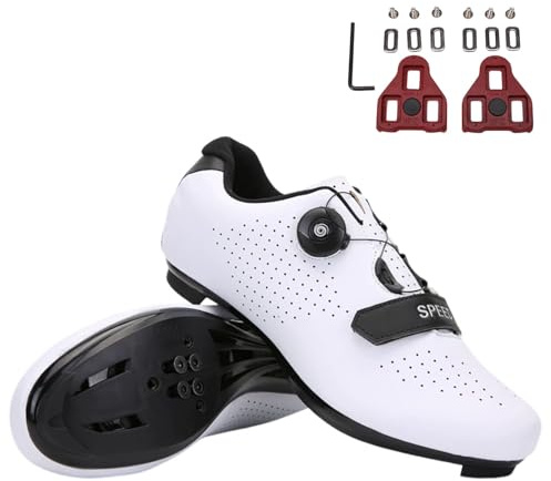 Surwin Scarpe Ciclismo Strada Uomo Donna, Scarpe Bici da Strada Antiscivolo Traspirante con Look Delta Cleats e 3 Bulloni, Sneakers con Design Fibbia Girevole, 36EU-47EU (Bianco B,42)