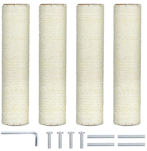 4 PCS M8 Cat Scratching Post Replacement, 12in Sisal Pole Cat Tree Replacement Post with M8 Screws Sisal Rope Cats Furniture Protector, for Indoor Kitten Tree Tower Spare Cats Furniture Protector