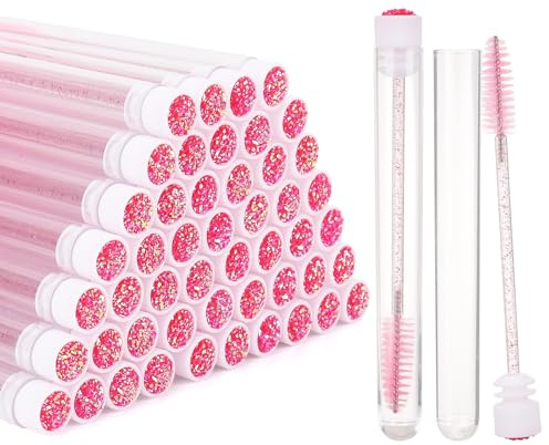 50 Pieces Disposable Mascara Wands, Diamond Eye Lash Brush with Tube Spoolies for Eyelash Extensions Makeup Tools - Pink