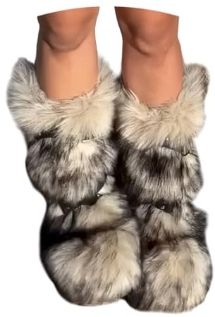 ORANDESIGNE Femme Bottine en Peluche Fourrure Hiver Bottes de Neige Plate Bottines Fourrées Y2K avec Boucle de Ceinture A Beige 39 EU