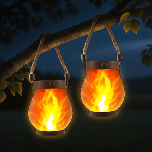 Jimhaby 2 Pack Solar Flame Lanterns Outdoor,Realistic Flickering Flame Effect, USB-C & Solar Powered Waterproof Lights for Outdoor Garden Decor, Camping, Parties and Festive Occasions.