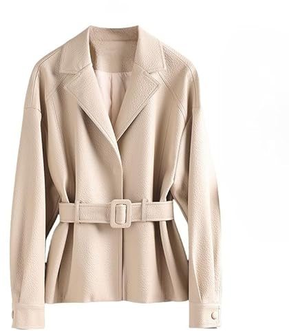 Generico Blazer in Vera Pelle da Donna Elegante Blazer in Pelle di Agnello con Cintura Giacca da Ufficio Antivento Elegante Giacca Corta da Abito per Donna Ufficio Riunioni di Lavoro Beige XS
