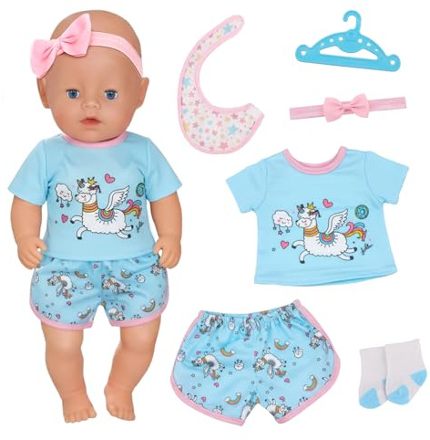 6 Pcs Baby Doll Clothes for 14-18 Inch Baby Doll, Doll Clothes for 30-45cm Baby Dolls Sweet Rainbow Pony Summer Outfit Set with Bib Hanger Socks and Hairband Newborn Baby Clothes for Kids Present