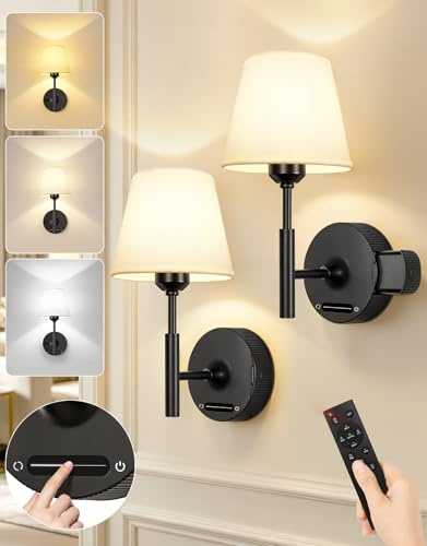 OUTON Applique da Parete Interno, 2 Pezzi Lampada da Parete Senza Fili Ricaricabile 8000mAh, 2 Lampadine E27 300LM, Telecomando, 3 Temperature Colore, Dimmerabile, Camera da Letto Soggiorno Corridoio