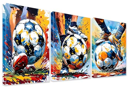 milaosk 3Pcs Framed Football Canvas Wall Art Prints Artwork Posters | Oil Painting Style Soccer Pictures Wall Decor for Teenage Boys Bedroom Playroom 16 x12''