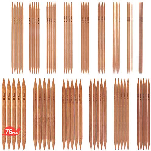 ARPDJK Lot de 75 Aiguilles à Tricoter en Bambou, 15 Tailles 2 mm à 10 mm Double Pointe Aiguilles à Tricoter, 15 cm Longueur pour Débutants et Professionnels, Chaussettes, Gants et Echarpes