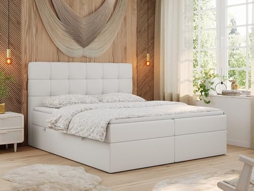 MKS MEBLE Boxspringbett 120x200 mit Matratze, Bett mit Multipocket - Matratze H3 und Topper, Polsterbett 120x200 mit Bettkasten und Kopfteil, ERNI - Weiß Kunstleder