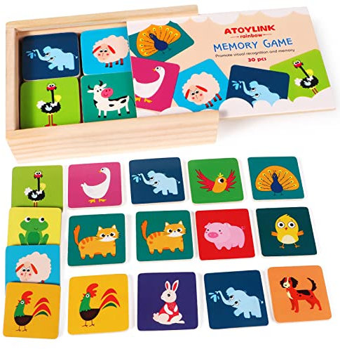 Toyssa 30Stk Holz Memory Spiel für Kinder ab 2 3 4 Jahre Tiere Lernspiele Memospiel Kartenspiel Montessori Spielzeug Pädagogisches Kinderspiel für Jungen Mädchen