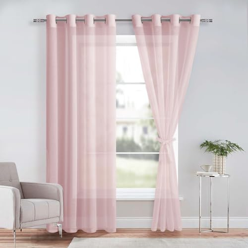 DWCN Blush Pink Sheer Curtains with Tiebacks Semi Transparent, W52 x L84 | Net Curtain Voile Grommet Curtains Elegant Window Drapes for Bedroom and Living Room 2 Panels