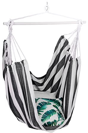 Relaxdays Hängesessel, Baumwolle, Deckenschaukel drinnen & draußen, 150 kg, Hängesitz Kinder & Erwachsene, schwarz/weiß