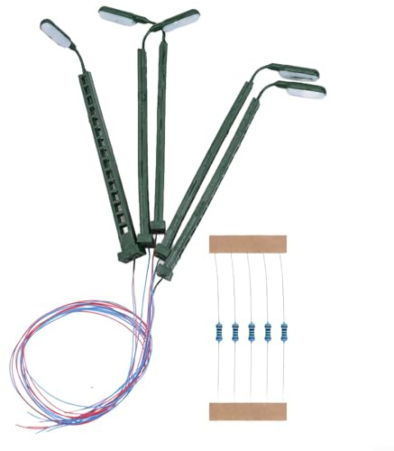 CNANRNANC 5 STK. Modell Bahn Doppelpeitschenlampen LED Beleuchtung 84mm Spur N Straßenlampen Flexible Höhe Straßenlampen 3V