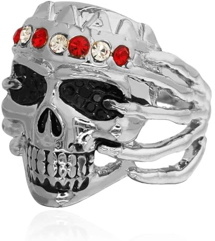 Bague tête de mort pour homme, Bague Roi Crâne Couronne CZ, Anneau gothique de crâne d’oeil noir, Bague à main crâne punk bague de motard d'Halloween, Bijoux crâne ancien pour hommes (Argent, 57)
