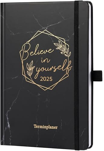 Kalender 2025 - Terminplaner 2025 von Januar 2025 bis Dezember 2025, Wochenplaner A5 mit Innentasche, Kalender 2025 Buchkalender, 21.3 x 14.7cm - Schwarz