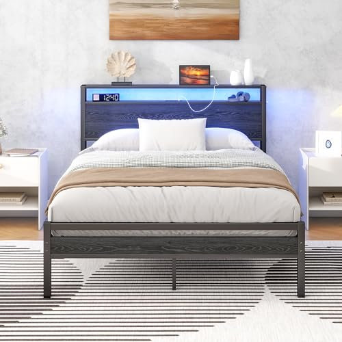 HOJINLINERO Double Bed Frame with Storage Shelf & LED lights,4ft6 Metal Bed Frame Double Bed with Charging Station,Mattress Base/Underbed Storage,Heavy Duty Strong Slats Support,Black Bed 135x190cm