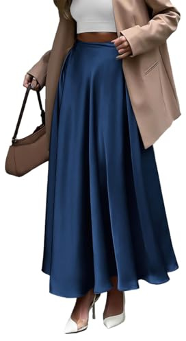 EMOTTOS Falda de Satén para Mujeres, Cintura Alta, Color Sólido, Larga, Adecuada para Negocios y Casual, Azul XL