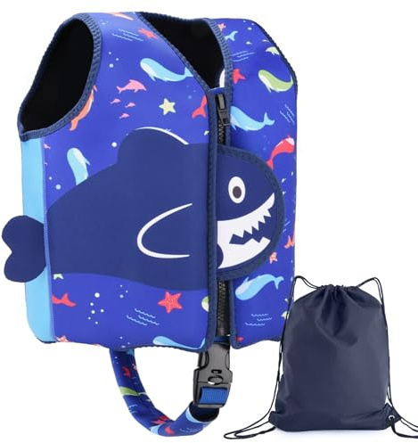 Nigecue Hochwertige Schwimmweste aus Neopren, ideale Schwimmhilfe für Baby Kinder Jungen und Mädchen, Verstellbarem Schrittgurt, inkl. Kordelzugtasche, Größe: M für 3-6 Jahre / 19-30KG