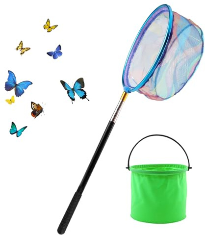 SJUNJIE Cazamariposas Acero Inoxidable Red Pesca Niños Retráctil de Red de Pesca Longitud TelescóPica 66-173cm con 1 Cubo Plegable para Actividades de Jardín Al Aire Libre