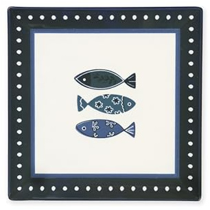 Excelsa Ocean Lot de 6 assiettes carrées en céramique, 18 x 18 cm, motif poisson bleu