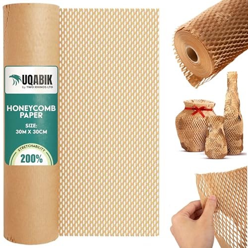 UQABIK® Honeycomb Packing Paper Roll - 30cm x 30m | Eco-Friendly Kraft Wrap | Brown | Up to 200% Stretch | Plastic-Free Alternative to Bubble Wrap | Wrapping Paper for Shipping Fragile Items & Moving