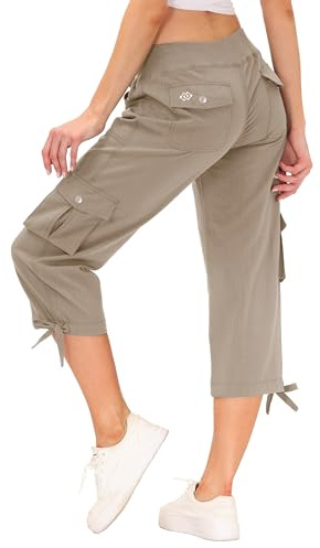 MoFiz Pantalon 3/4 Femme été Pantacourt Cargo de Randonnée Voyage Pantalon Capri de Mode avec 6 Poches Kaki Taille L