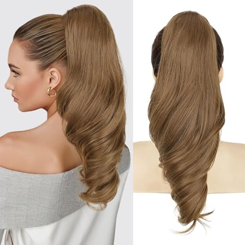 Ponytail Extension, hästsvans hårstycke med klämma, vågig flätförlängning | Lång vågigt lockigt hårförlängning hästsvans hårförlängning för kvinnor (ljusbrun, 45 cm)
