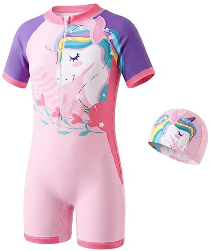 Tokeya Maillot de Bain Fille Une Pièce Manches Courtes 6-7 Ans, Rose