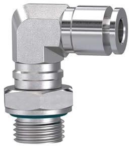 Raccord en L rotatif M5 A pour tuyau extérieur Ø 4 mm, pression de travail max. 20 bar, acier inoxydable 1.4404