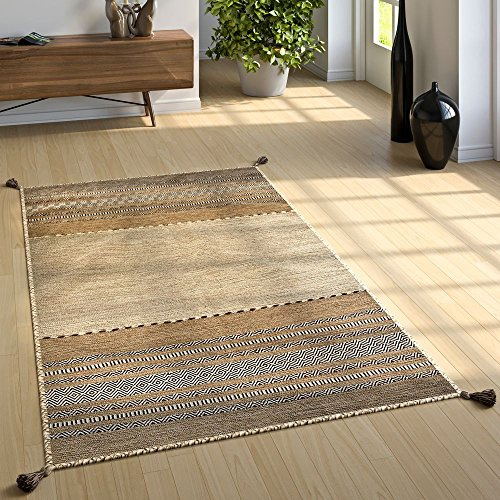 Paco Home Alfombra Natural Salón con Flecos, Tejida A Mano Motivo Kilim, 100% Algodón, tamaño:80x150 cm, Color:Beige