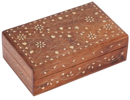 Ajuny Wooden Jewellery Box 8 x 5 Inch Floral Brass Inlay Keepsake Chest