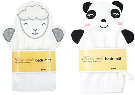 2Pcs White Baby Wash Mitt - Cute Animal Designs Kids Washcloths Glove, Child Bath Mitt for Cleanse The Skin(Panda, Sheep)