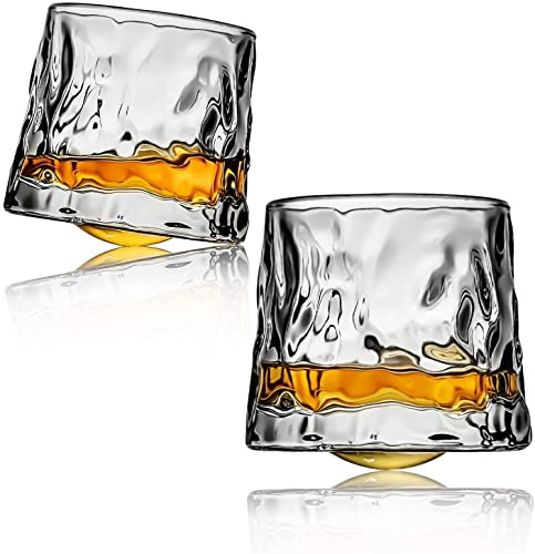 DAWNTREES Whiskey Glasses, Crystal Whiskey Glasses, 2 Pack 150 ml Tumblers | Lead-free ice-pattern crystal with spherical rotating bases, sized for bourbon, Scotch, cocktails, ice cubes or stones