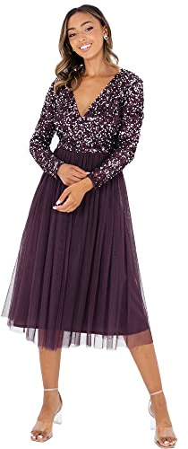 Maya Deluxe Damen Midi Elegant Hochzeit Ärmel Tiefer V Ausschnitt Pailletten Cocktailkleid Abschlussball Brautjungfernkleid Bridesmaid Dress, Berry, 42 EU