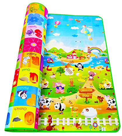 Reversible Baby Crawling Mat 2 * 1.8m/6.6 * 5.9ft, Extra Large Antislip Baby Crawling Mat Foldable Washable Farm Pattern Waterproof Large Baby Play Mat for Floor Infant 0.3cm / 0.1in