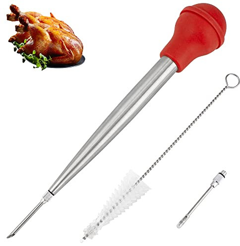 Turkey Baster Siringa per cucinare, grande iniettore di carne in acciaio inox, con spazzola di pulizia e 2 aghi da marinata, rosso