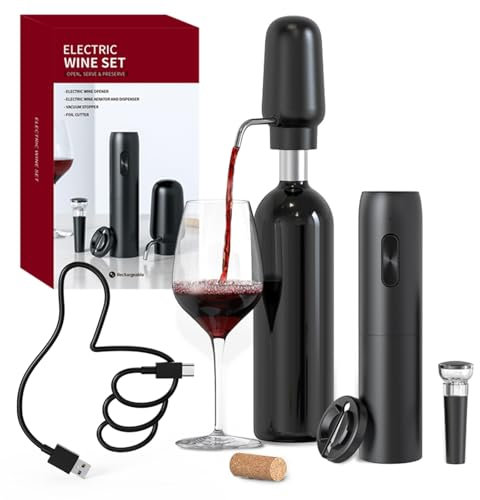 CIRCLE JOY Apribottiglie Elettrico Set Vino 4 in 1 con Cavatappi Ricaricabile, Versatore & Aeratore Vino Ricaricabile, Tagliacapsule e Tappo Vino Sottovuoto, Set Regalo per Amanti del Vino, Nero