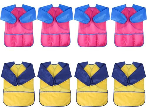 XIEJINJIA 8 Pack Kids Art Smock with Long Sleeve and 3 Pockets Children Artists Child Play Apron Boys and Girls for Cooking Painting Craft Ages 3-8 (Rose,Yelllow/M)