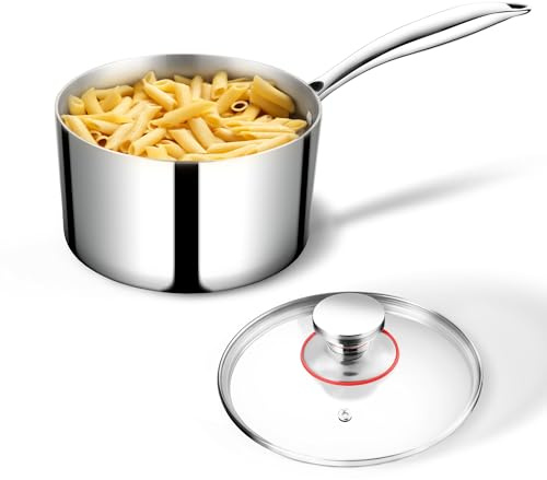 Joyfair 18cm Saucepan, 2.5 Litre Tri-Ply Stainless Steel Sauce Pan with Glass Lid, Large Milk Pan/Sauce Pot Cookware for Induction Gas Halogen Oven Electric Ceramic, Non Toxic & Easy to Clean, Silver