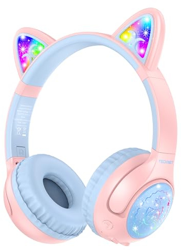 TECKNET Cat Ear Kids Bluetooth Headphones, Kids Headphones Wireless with Detachable Cable, 70H Playtime, 74/85/94dB Volume Limiting, Bluetooth 5.3, Built-in Mic, LED Light-Up, for iPad, PC, School