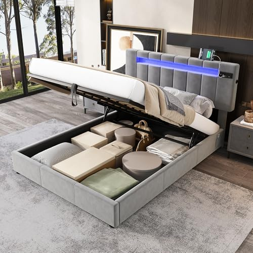 ModernLuxe Upholstered Double Bed, 4FT6 Bed Frame with Hydraulic Lever, Storage Ottoman Bed with Bluetooth Stereo, USB Port and Small Pockets, 7 Colors LED-light Strips, Velvet Grey, 135x190cm